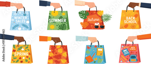 Seasonal shopping bags vector illustration set with winter, spring, summer, autumn and back to school themes, colorful retail sale packages design