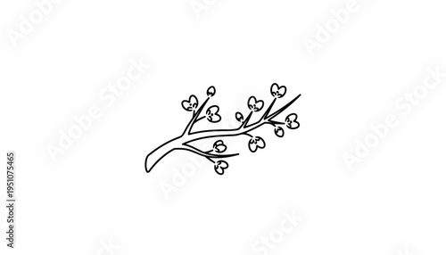 Minimalist line art of a blooming cherry blossom branch, delicate spring flowers on a white background.