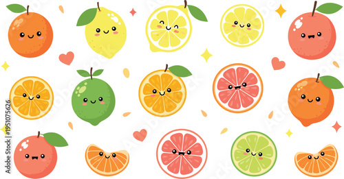 Cute kawaii citrus fruits vector illustration set with smiling orange, lemon, lime and grapefruit characters, colorful healthy food cartoon design