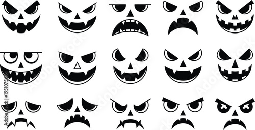 scary halloween pumpkin face set, spooky jack o lantern expressions collection, creepy horror pumpkin silhouettes, halloween vector icons, scary design elements
