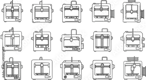3D printer machine vector line icon set, industrial additive manufacturing technology equipment collection for engineering, prototyping, and modern digital production.
