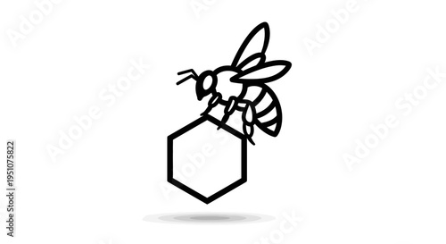 Minimalist Bee Icon on Honeycomb, Vector Graphic, Black and White