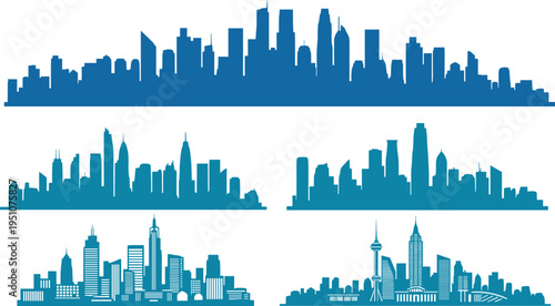 City skyline silhouette set featuring various urban panoramas with skyscrapers and architectural landmarks in blue cad drawing flat vector illustration for backgrounds