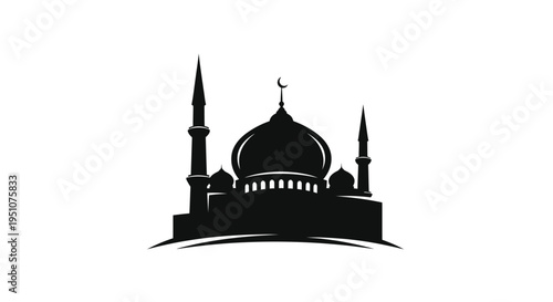 Black silhouette of a mosque with minarets and a crescent moon
