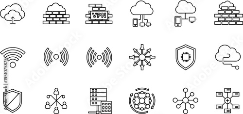 Cloud computing and network security icon set featuring vpn firewall wifi shield and server infrastructure cad drawing flat vector illustration