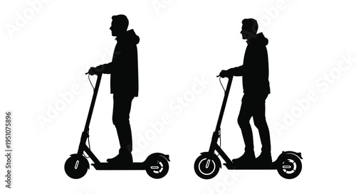 Silhouettes of two men riding electric scooters in a side by side comparison