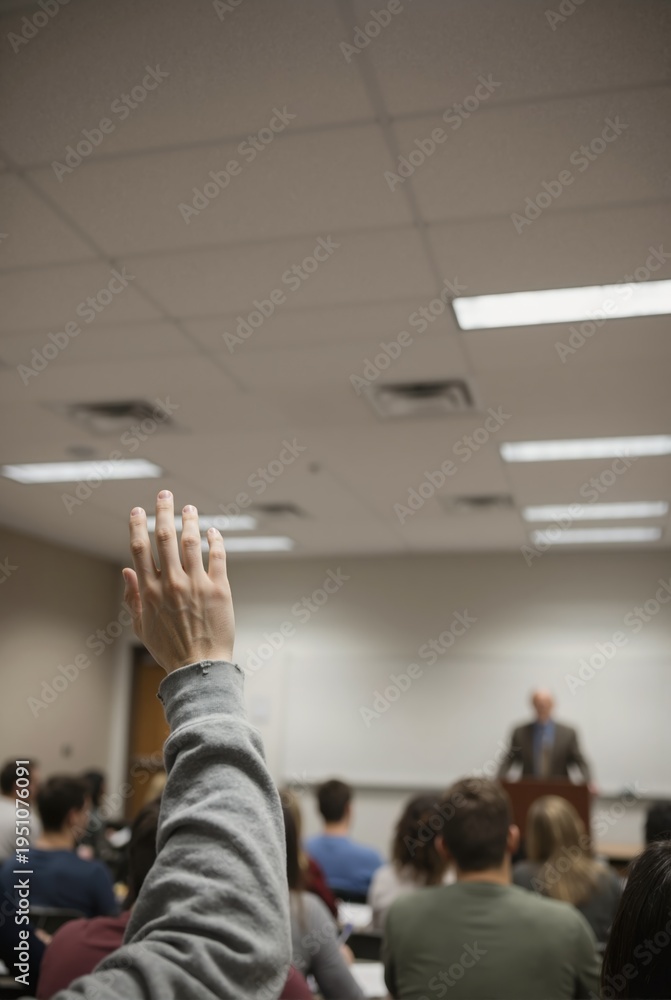 Fototapeta premium Vertical photo of student raising hand in lecture hall. Active participation in university classroom. Person asking question during lesson