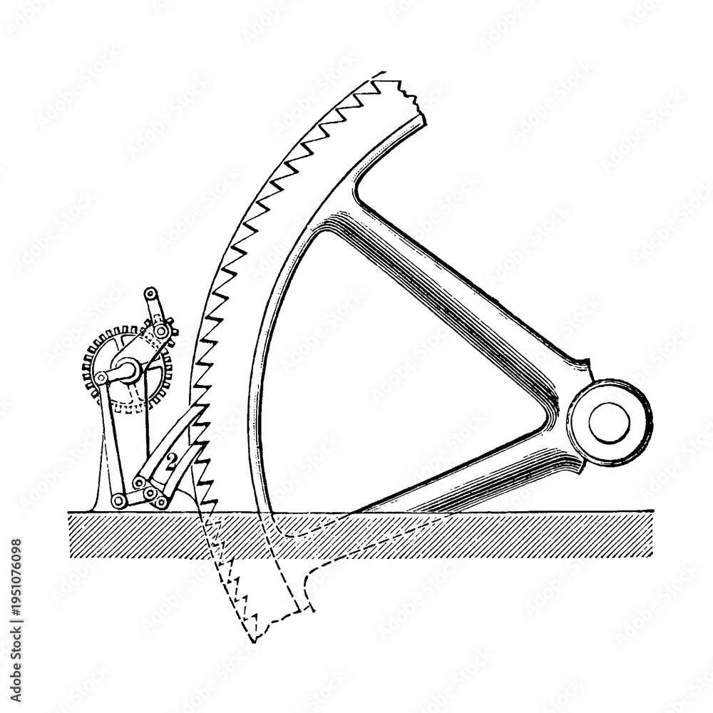 Obraz premium Mechanical flywheel starter with gears and levers, complex engineering in a vintage technical diagram, old vintage illustration, 1897.