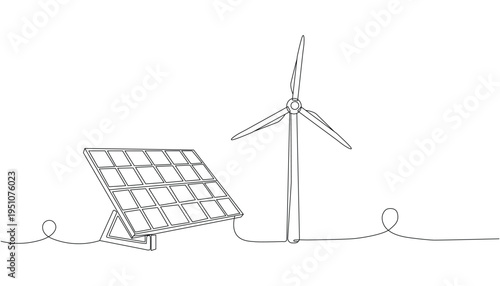 Minimal line art illustration of solar panel and wind turbine. Clean energy, sustainability, and renewable power concept in modern vector style.