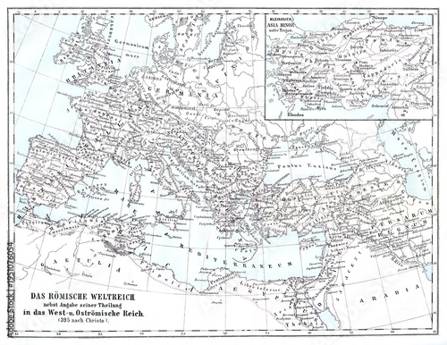 Fotografi Roman Empire's territories around 395 AD, highlighting the division into Western and Eastern regions with detailed geographic labels, old vintage illustration, 1880