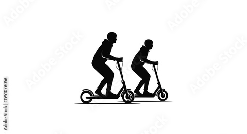 Two figures riding scooters depicted as a simple black silhouette design