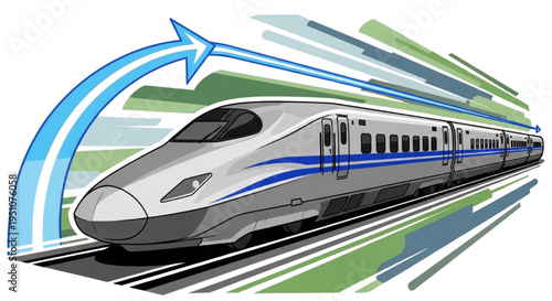 High-speed train traveling on tracks with motion blur effect and arrow graphic