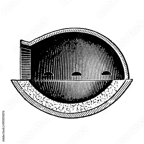 Canvas Print Test with muffle furnace cross-section, semicircular arched architectural structure with detailed technical hatch lines, old vintage illustration, 1897