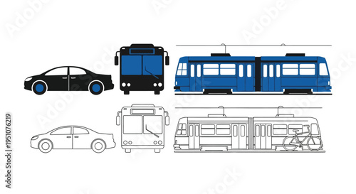 Blueprint style illustration featuring a tram bus and two cars