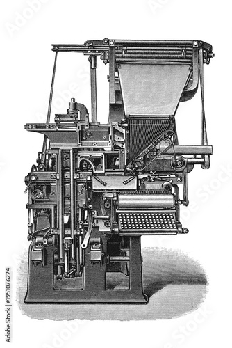 Obraz na płótnie Linotype typesetting machine, complex historical machinery with intricate mechanical engineering and keyboard, old vintage illustration, 1897