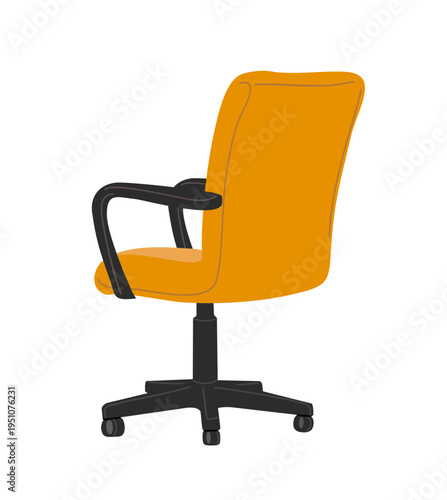 Bright orange office chair with black arms and base viewing from behind, turned back. Simple design, clean lines, modern aesthetic. Ideal for corporate, home office, or digital illustrations