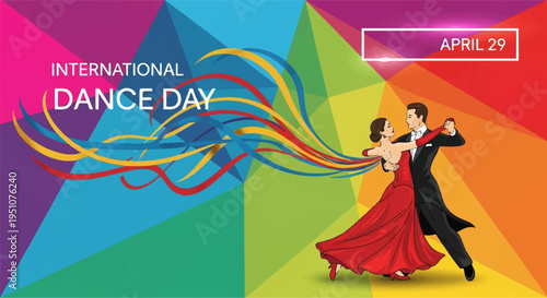 Couple dancing on colorful background international dance day celebration with man and woman in red dress and black suit