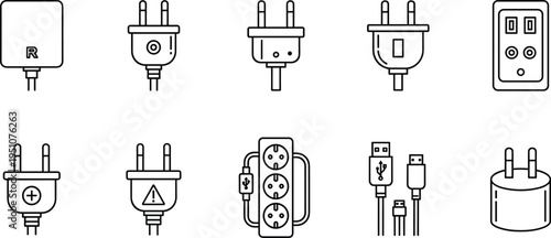 Electrical plug and power connector icon set featuring AC outlets, USB charging cables, power strips, wall sockets, and universal adapters.
