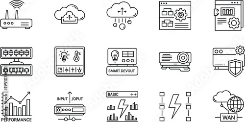 Networking and cloud computing icon set featuring wireless router, data transfer, smart device control, server performance, WAN connection, and security.