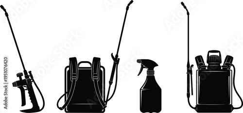 Pressure sprayer icon set featuring backpack garden sprayers hand trigger bottles and pesticide applicators in black cad drawing flat vector illustration silhouettes