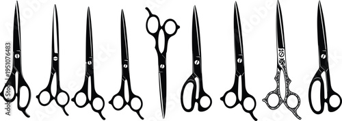 Professional hair cutting scissors and tailor shears silhouette set featuring various barber tools in black cad drawing flat vector illustration for grooming