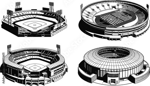 Sports stadium icon set featuring baseball park football arena and multipurpose sports complexes in black cad drawing flat vector illustration for competition