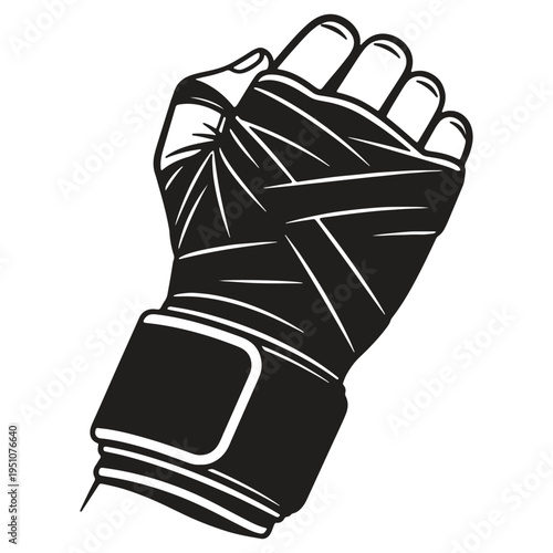 A black and white stylized illustration of a closed fist with hand wraps representing strength determination and combat sports like boxing or martial arts in a graphic design element