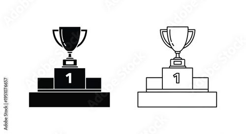 Two monochrome trophy podiums displaying a first place award