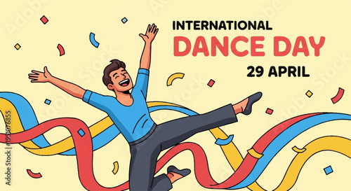 Man dancing with colorful ribbons on international dance day celebrating 29 april with joyful movements