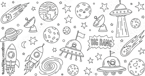 space, doodle, collection, rocket, planets, stars, galaxy, astronaut, ufo, satellite, comet, universe, astronomy, cartoon, outline, fantasy, adventure, kids, cosmic, design - flat vector illustration