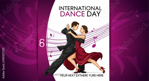 Couple dancing tango on international dance day with musical notes and purple background