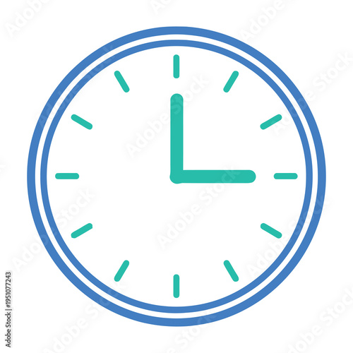 Blue clock face with green hands and markers on white background