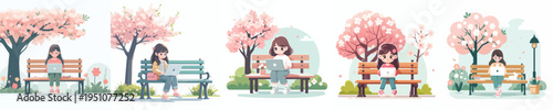 vector of a little girl sitting on a park bench with a laptop during spring