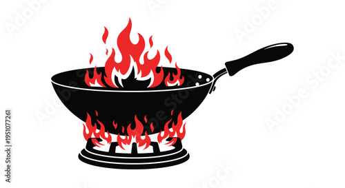 Burning pan with bright red flames and a black handle