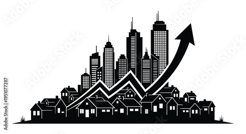 City skyline graphic with an upward trending arrow symbolizing growth