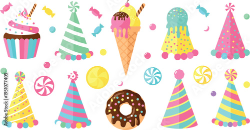 Colorful birthday party elements vector illustration with cupcakes, ice cream, donut, candies and festive hats, fun celebration design collection