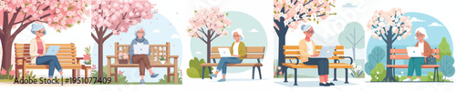 vector of a grandmother sitting on a park bench with a laptop during spring