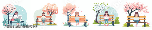 vector of a little girl sitting on a park bench with a laptop during spring