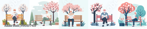 vector of a grandfather sitting on a park bench reading a newspaper during spring