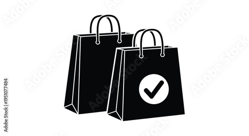 Two black shopping bags with white handles and a checkmark symbol