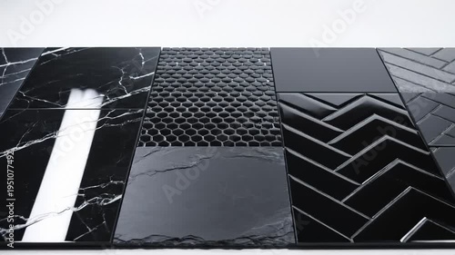 Collection of Black Tiles With Various Textures and Patterns, Close-Up Studio Shot