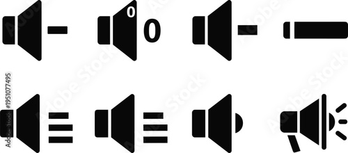 Speaker icons set, audio volume control symbols, mute low medium high sound levels, megaphone broadcast design, flat vector illustration art