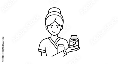 Healthcare professional holding a jar of supplements or herbs, line art illustration