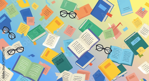 Colorful scattered books and glasses on pastel background symbolizing learning and education
