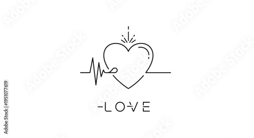 Heartbeat Love Icon: EKG Line, Heart Symbol, and "LOVE" Text - Medical Romance Concept
