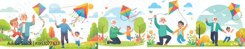 vector of happy grandpa with grandchild playing kite in spring