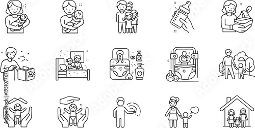 Childcare and parenting line icons set with baby care, vaccination, adoption, family support and child protection outline vector collection