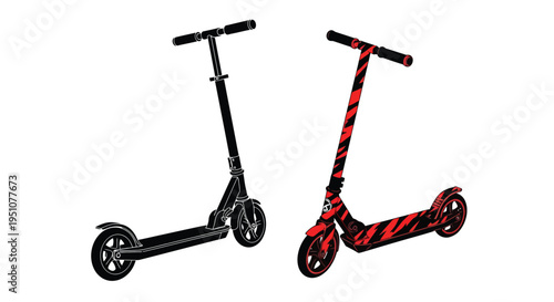 Two scooters are displayed one black one red with a minimalist style