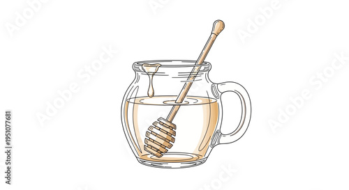 Honey Dipper in Jar of Golden Honey, Sweet Liquid Food, Natural Sweetener