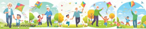 vector of happy grandpa with grandchild playing kite in spring